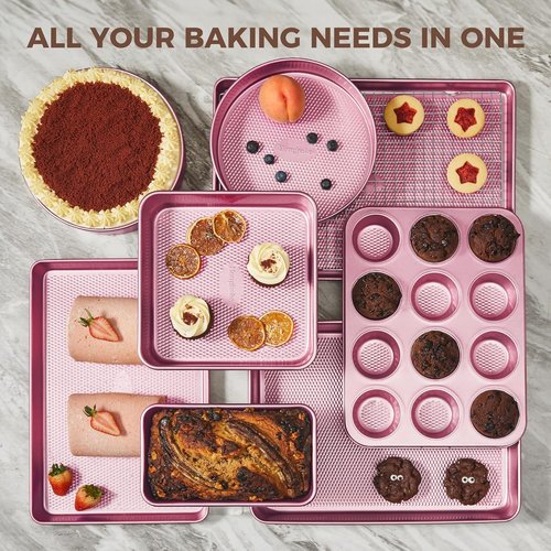 HONGBAKE 9-Piece Nonstick Baking Pans Set - Stackable, Non-Toxic Bakeware with Diamond Texture | Pink