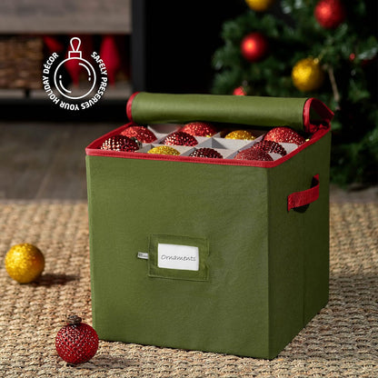 ZOBER Christmas Ornament Storage Box - Durable Organizer for 64 3" Ornaments - Green with Dividers