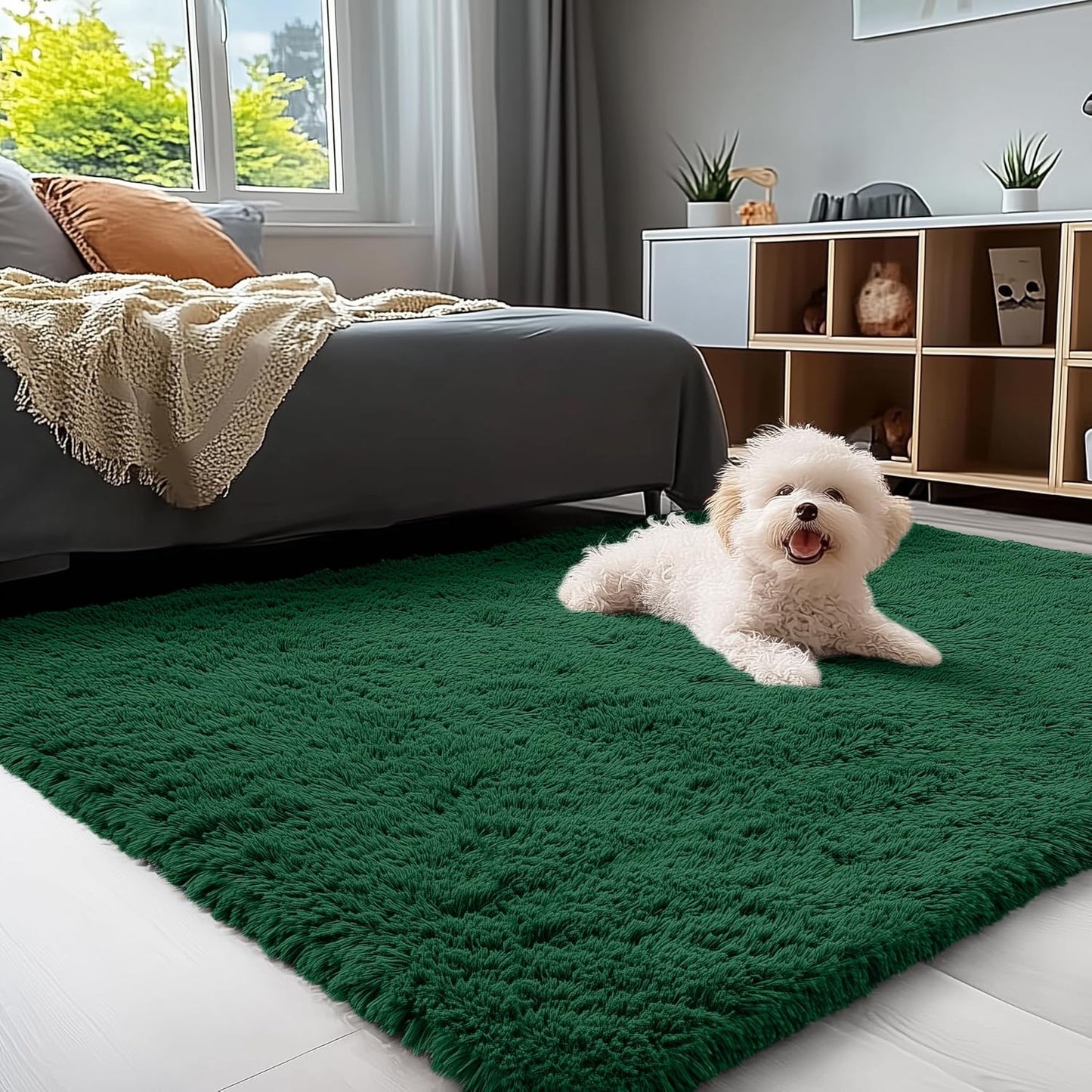 OLANLY Small Bedside Rug - Soft Fluffy Shaggy Carpet for Living Room & Bedroom | Dark Green 3x5 ft