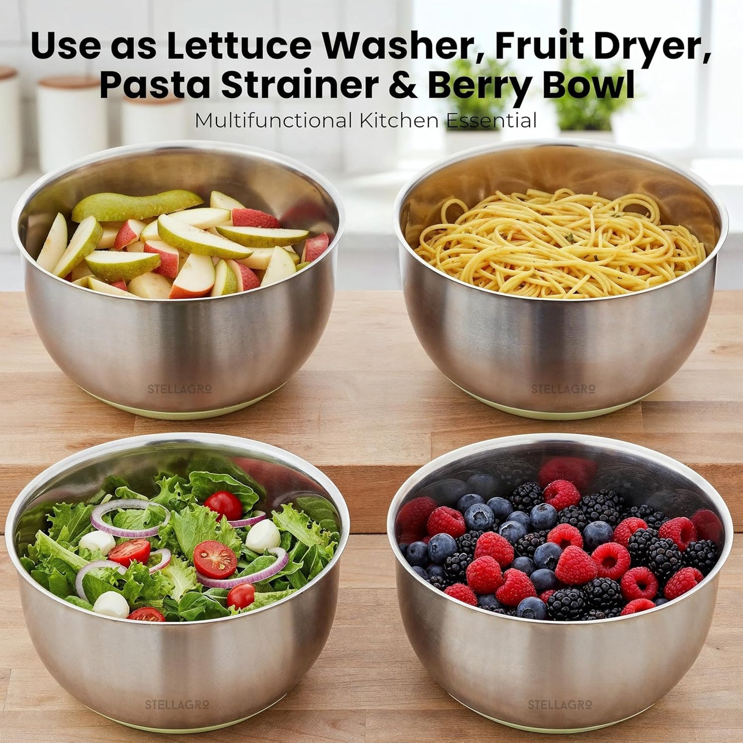 Stainless Steel Salad Spinner - Large 5.3 Quart Lettuce Dryer & Fruit Cleaner with Strainer