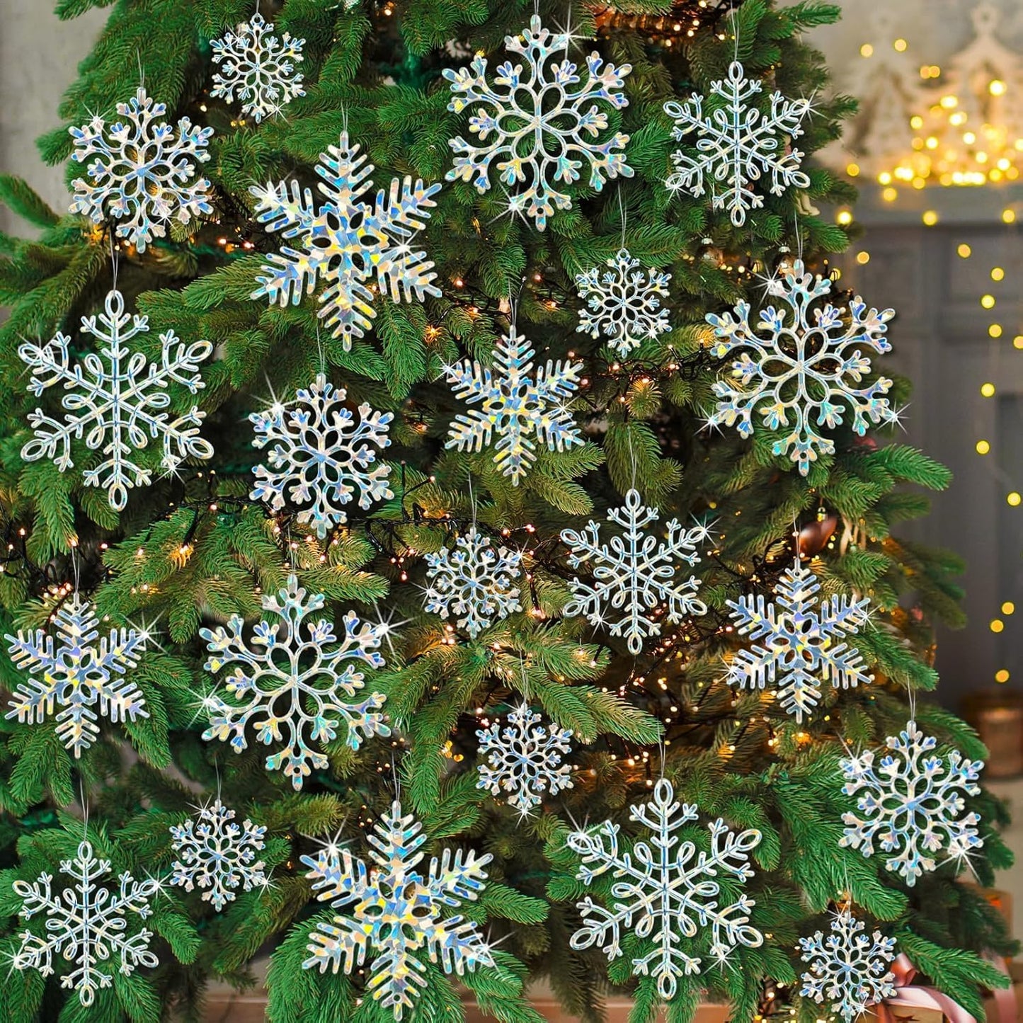 Skiennix Christmas Ornaments - 36 Pack Iridescent Snowflake Decorations for Holiday Parties