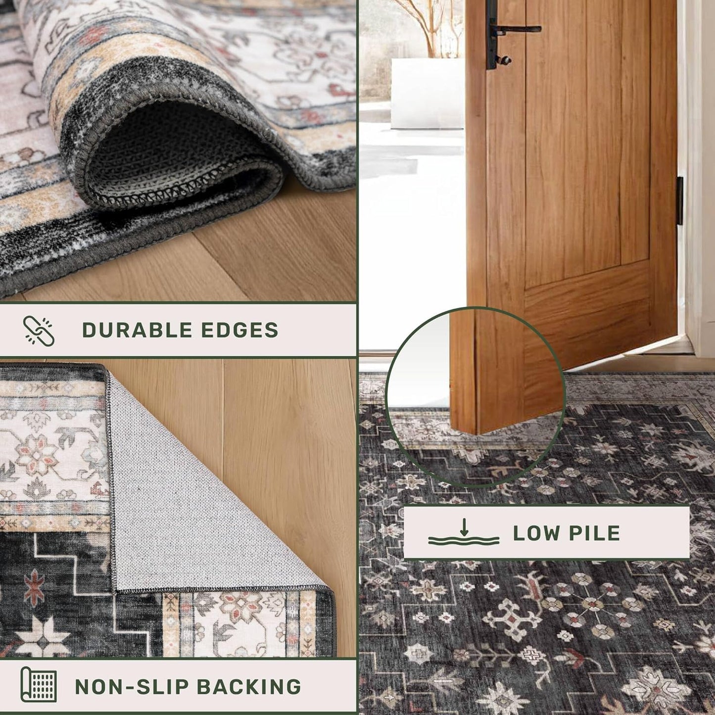 Skiennix Black Boho Washable Entry Rug - Non-Slip Rubber Backing | Stain & Fade Resistant, 3x4 ft