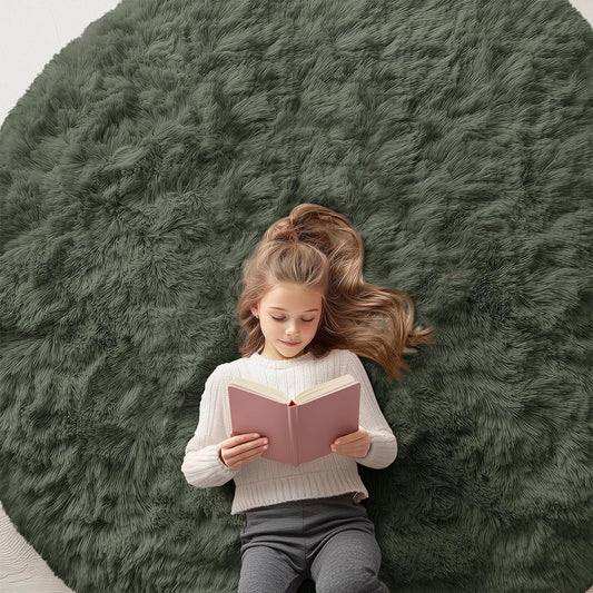OLANLY Olive Green Round Rug - Soft, Fluffy Shag Area Rug | 6 ft Machine Washable Carpet for Bedroom & Living Room