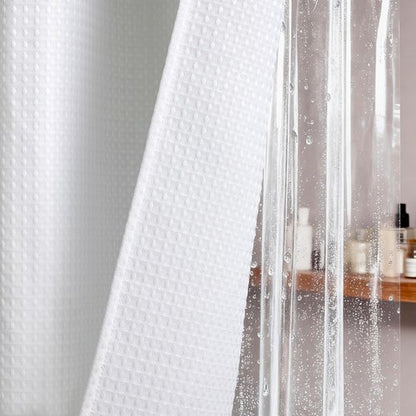 Dynamene Extra Long Shower Curtain and Liner Set - 84 inch Tall Waffle Fabric, Waterproof Clear Liner, Heavy Duty Weighted Hotel Luxury Cloth Shower Curtains for Bathroom with 12 Hooks, 72x84, White
