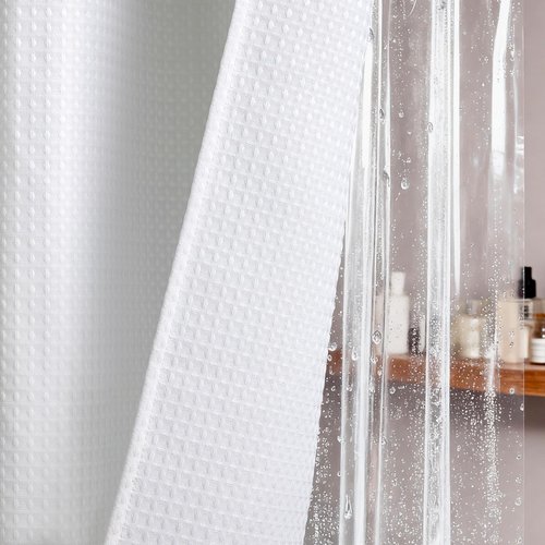 Dynamene White Shower Curtain and Liner Set, Waffle Weave Fabric, Waterproof Clear Liner, 256GSM Heavy Duty Weighted Hotel Luxury Cloth Shower Curtains for Bathroom with 12 Plastic Hooks, 72Wx72H