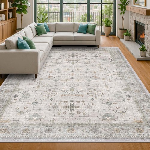 Hazo Haus Boho Living Room Rug - Light Grey Modern Vintage Floral Design | Washable 7x10 Non-Slip Area Rug