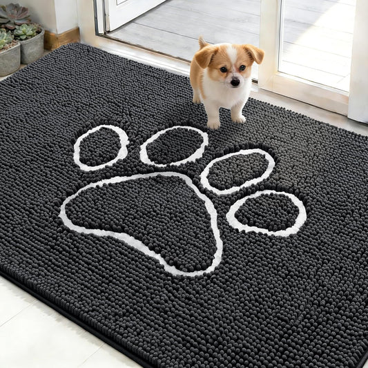 OLANLY Dog Door Mat - Absorbent Non-Slip Mud Mat for Paws | 48x30 Dark Grey Chenille Design