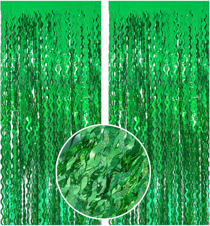 Skiennix Green Tinsel Foil Fringe Curtains - Metallic Wavy Backdrop for Party & Photo Booth Decor
