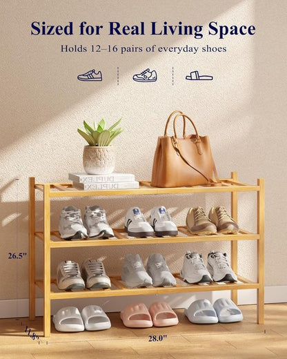Kitsure Bamboo Wooden Shoe Rack - Stackable Organizer for Space-Saving Entryway, 26.8" x 11" x 18.9", Natural