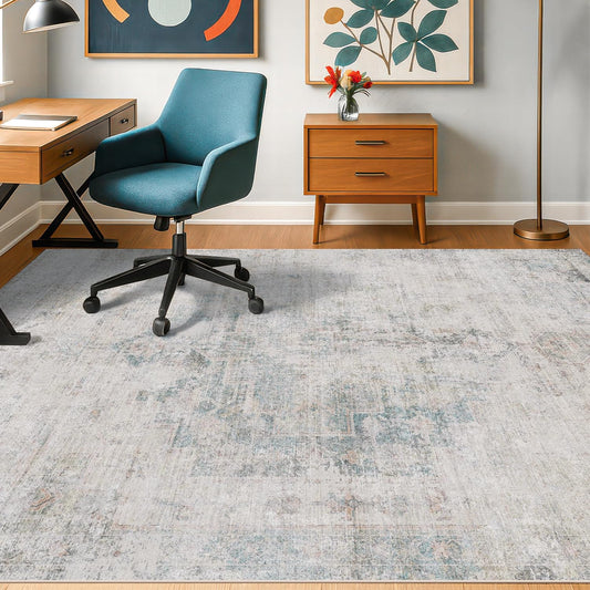 Regine Switzerland Low Pile Office Rugs - 5x7 Abstract Non-Slip Rugs for Living Room & Entryway, Cream Slate Blue