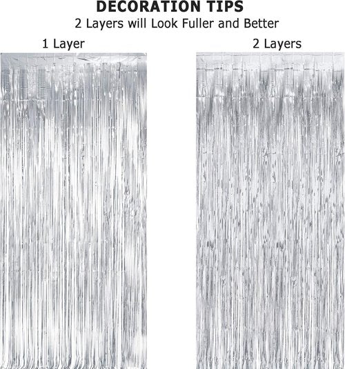 GREATRIL Metallic Party Backdrop - Silver Foil Fringe Tinsel Curtain for NYE & Events, 8.2ft x 3.2ft | Pack of 2