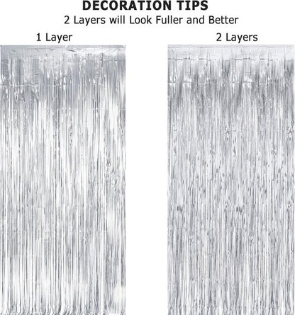 GREATRIL Metallic Party Backdrop - Silver Foil Fringe Tinsel Curtain for NYE & Events, 8.2ft x 3.2ft | Pack of 2