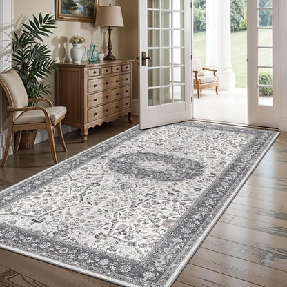 Hallway 4x8 Washable Runner Rug: Oriental Stain Resistant Entryway Kitchen Rug Farmhouse Soft Carpet for Bathroom Bedroom Thin Laundry Room Floor Mat with Non Slip Backing for Pets Family(4x8,Grey)