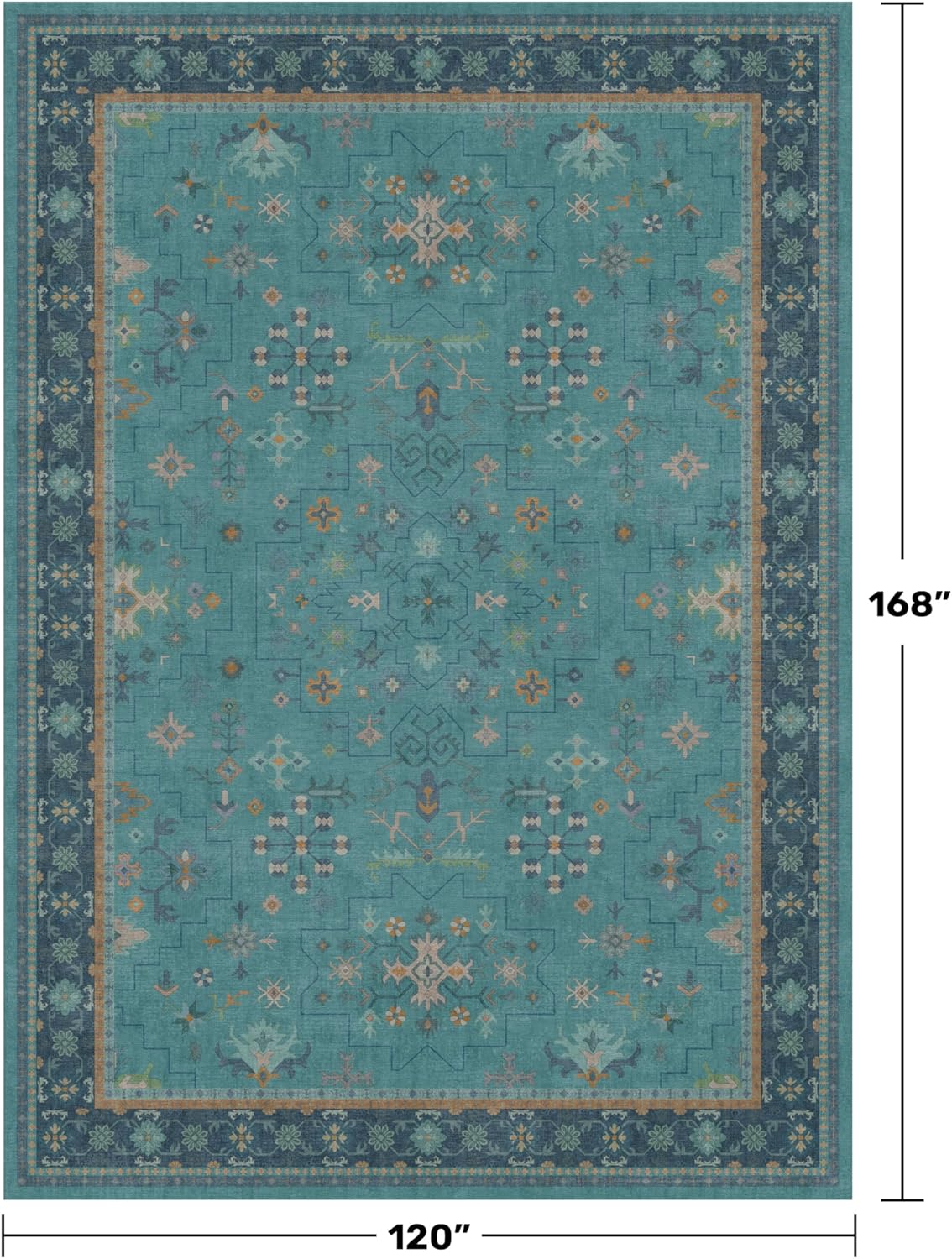 Regine Switzerland Washable Teal Boho Area Rug - Non-Slip Geometric Floral Design, Soft Low Pile for Living Room & Dining Room