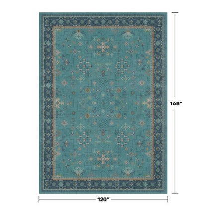 Washable 10x14 Teal Boho Living Room Rug - Geometric Floral Design Area Rug for Dining Room, Non Slip Soft Carpet for Large Bedroom, Low Pile & Stain Resistant Mats