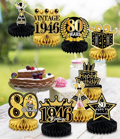 Happy 80th Birthday Decorations | 9 Pcs Honeycomb Centerpieces in Black and Gold - Celebrate 80 Years!