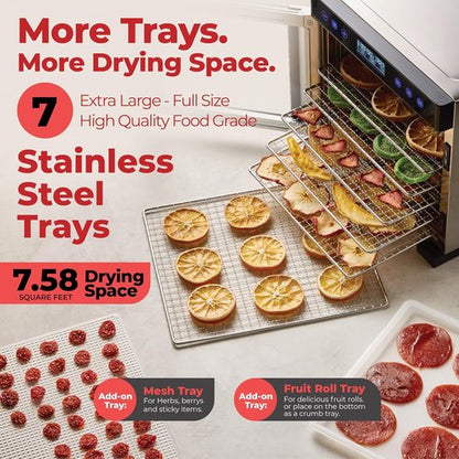 Magic Mill Pro Food Dehydrator - 7 XL Stainless Steel Trays for Jerky, Fruits & Herbs | Digital Timer & Temperature Control
