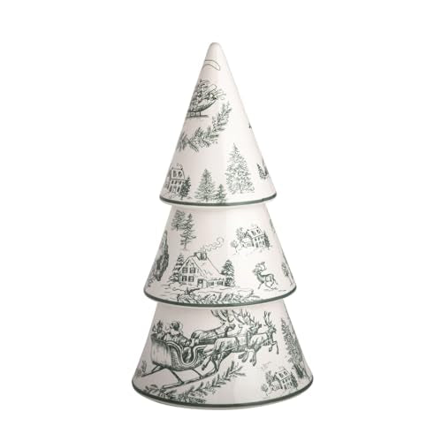 Large Green Toile Tree Decor - Hand-Painted Stoneware Christmas Ornament