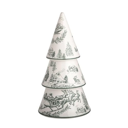 Large Green Toile Tree Decor - Hand-Painted Stoneware Christmas Ornament