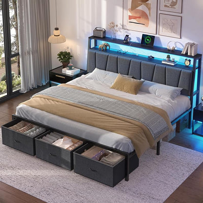 FreeHouse King Size Bed Frame with Storage Drawers, Grey Engineered Wood