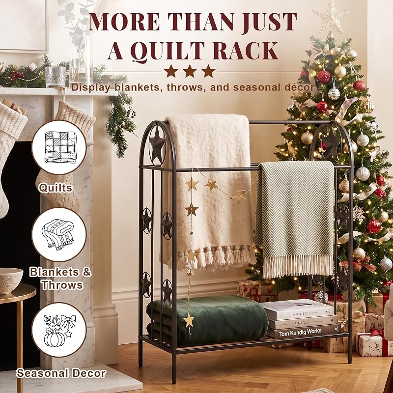 Freestanding Quilt Rack with Star Decor, Metal Blanket Display Holder