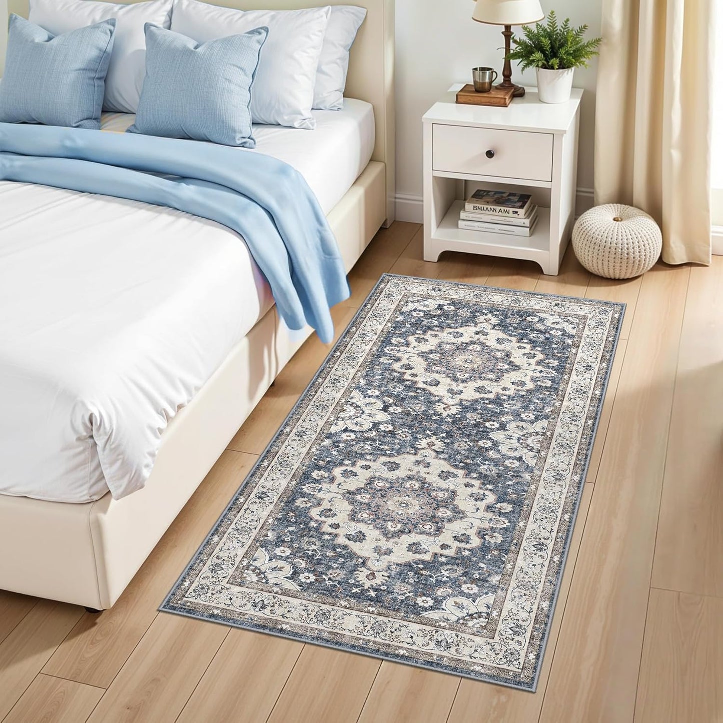 Skiennix Vintage Entryway Runner Rug - Non-Slip, Water-Resistant, Ultra-Thin Design | 2x4 ft, Blue