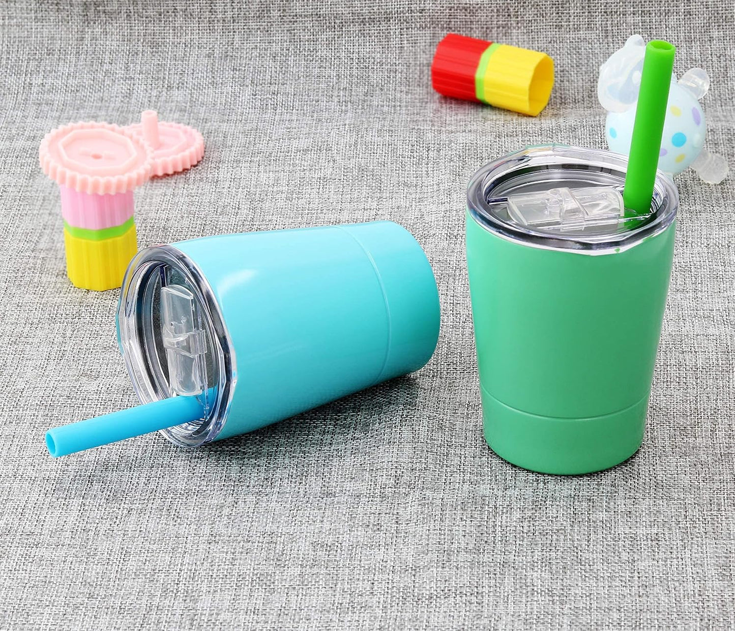 Skiennix Cute Stainless Steel Kids Cups - Mini Insulated Tumblers with Lids, Set of 2 (Teal Mint, 8.5 OZ)