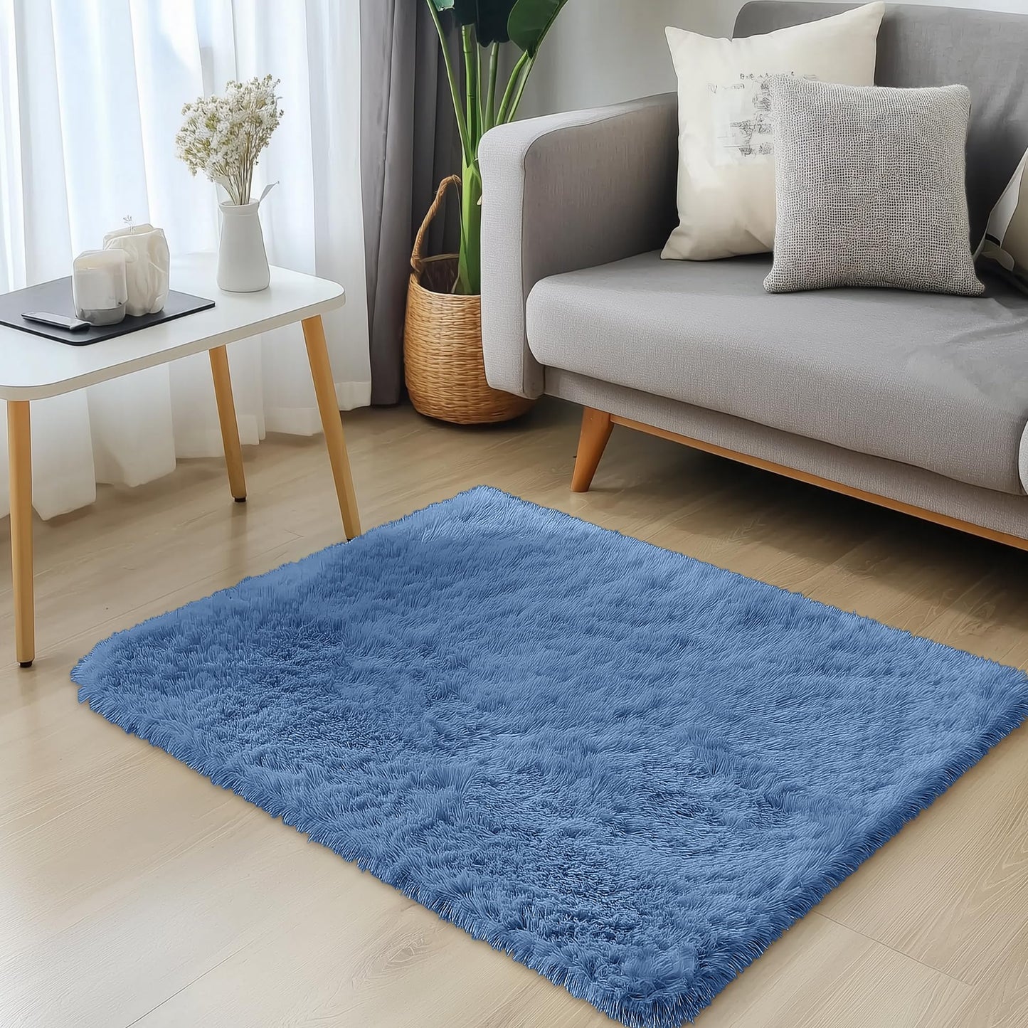 OLANLY 3x5 Machine Washable Small Bedside Rug, Soft Fluffy Shaggy Rugs for Living Room, Bedroom, Indoor Floor Carpet for Kids Girls and Boys, Preppy Dorms, Nursery, Home Decor Aesthetic, Blue