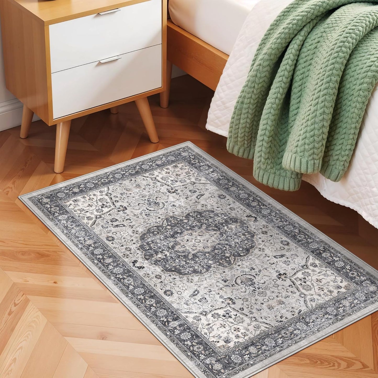 Regine Switzerland Washable 2x3 Entryway Area Rug - Vintage Soft Thin Non-Slip Carpet in Grey