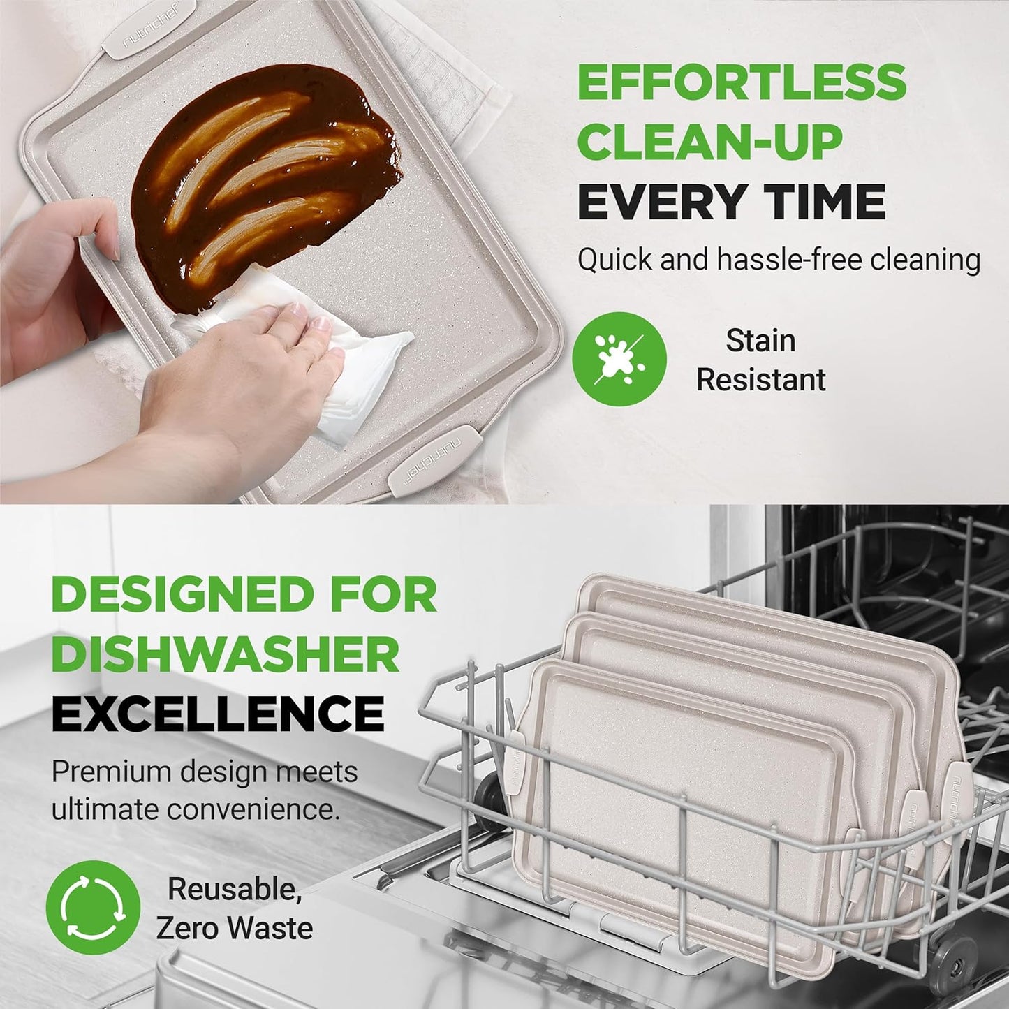 NutriChef Nonstick Cookie Sheets - Premium Carbon Steel Baking Pans with Silicone Handles | Easy to Clean, Cream Marble