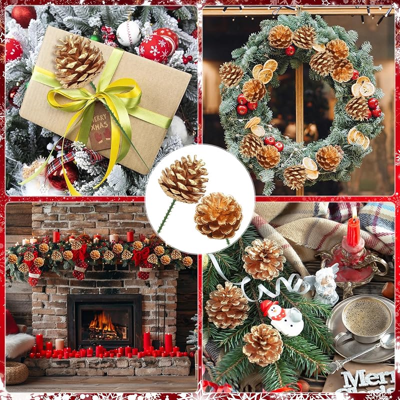Gold 3 Inch Pine Cone Picks 30Pcs Christmas Wreath Decor - Variation: Glod-30
