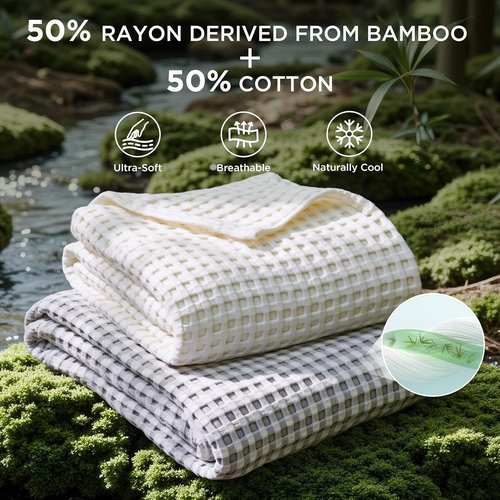 Bedsure Cooling Waffle Blanket - Lightweight Cotton & Bamboo Blend for Hot Sleepers | Queen Size, Ivory, 90x90 Inches