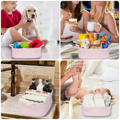 Skiennix Woven Cotton Rope Storage Basket - Decorative Pet Toy Organizer | Light Pink, Small Size