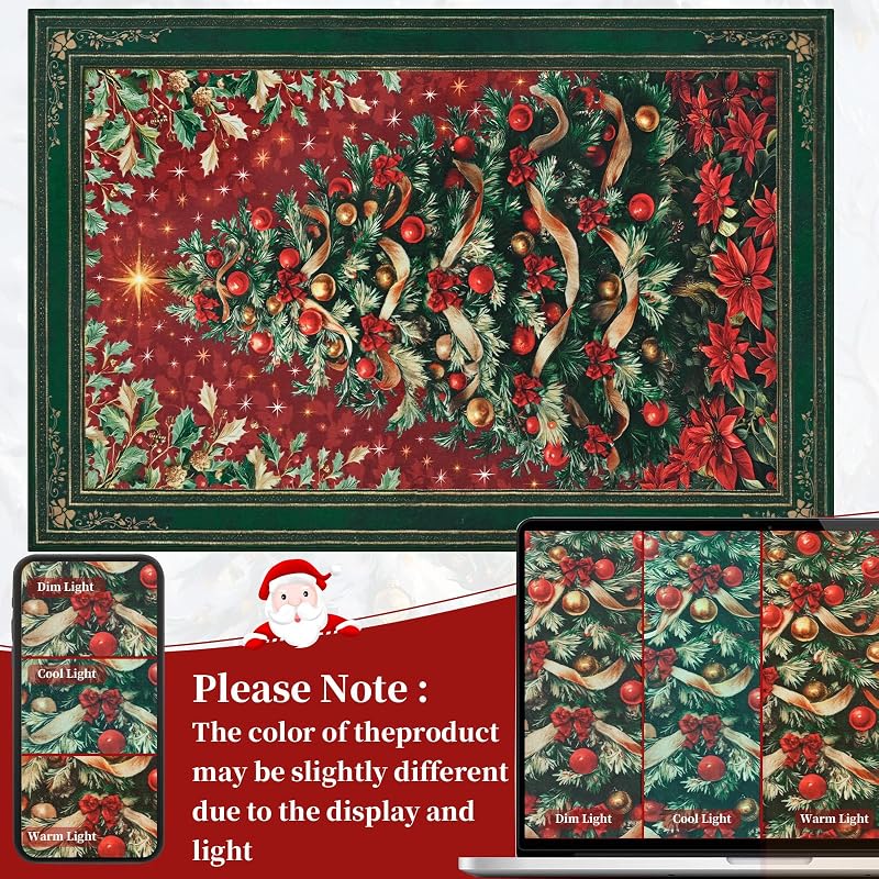 2x3 ft Red Christmas Area Rug with Non-Slip Backing - Washable Entryway Door Mat, Vintage Tree Design