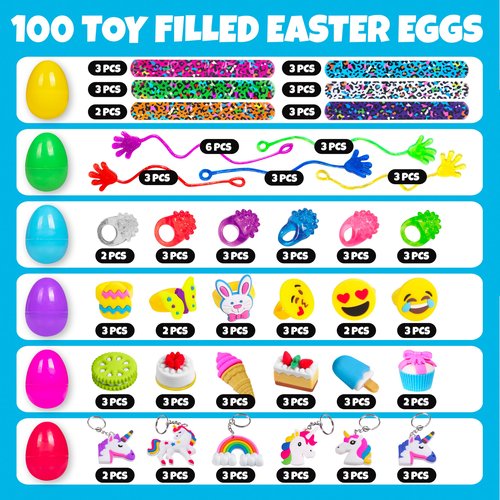 Giraffe 100 Pack Prefilled Easter Eggs Bulk - Multi Color Plastic Filled Easter Eggs for Kids with Toy Filled Slap Bracelets, LED Rings, Stickers - Easter Basket Stuffers for Kids