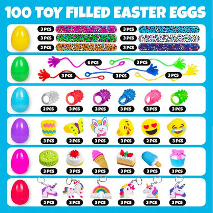 Giraffe 100 Pack Prefilled Easter Eggs Bulk - Multi Color Plastic Filled Easter Eggs for Kids with Toy Filled Slap Bracelets, LED Rings, Stickers - Easter Basket Stuffers for Kids