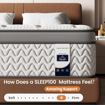 SLEEP100 Queen Mattress 12 Inch, 5-Zone Deep Sleep Firm Mattress with Extra Lumbar & Shoulder Support, Hotel Collection Hybrid Mattresses Pain Relief - Fiberglass Free - No Odor - 365 Night Trial