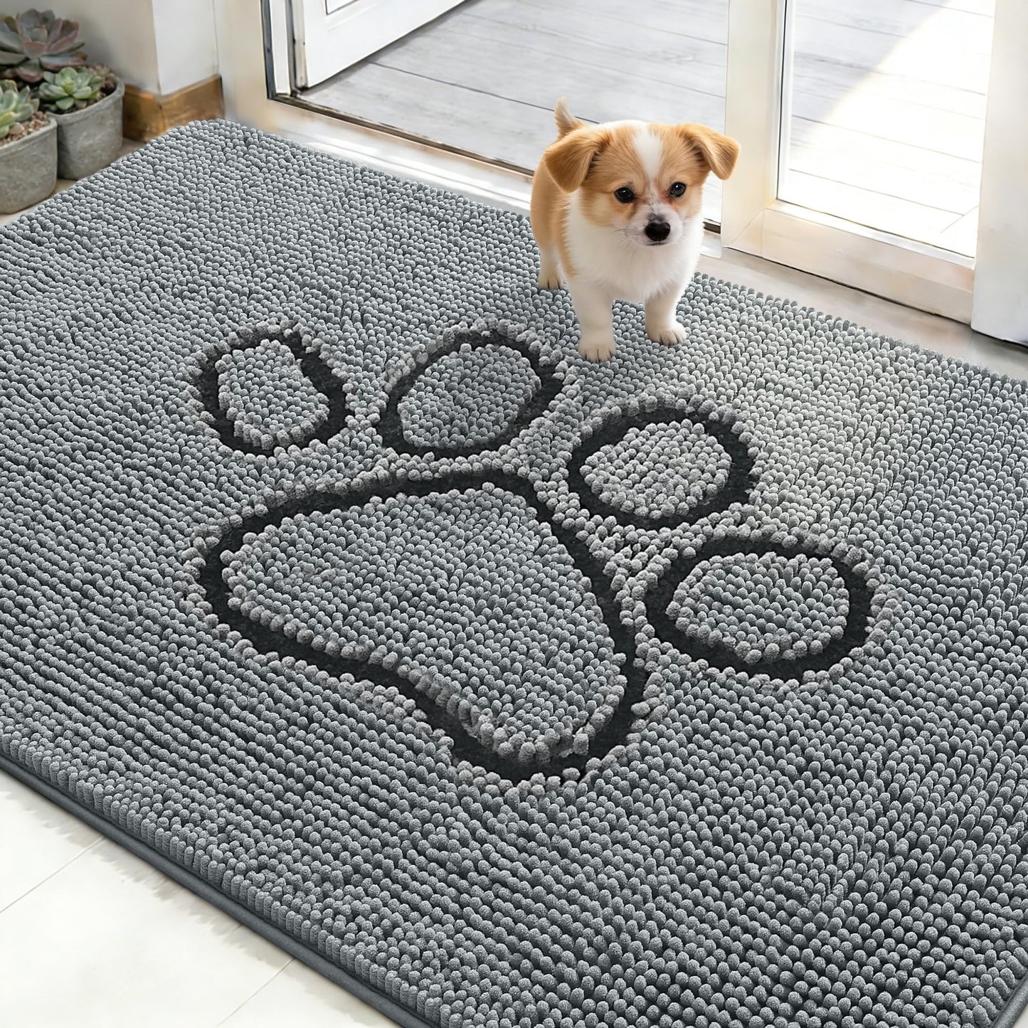 OLANLY Dog Door Mat for Muddy Paws 48x30, Paw Print Design, Absorbs Moisture and Dirt, Absorbent Non-Slip Washable Doormat, Quick Dry Chenille Mud Mat for Dogs, Entry Indoor Entryway Carpet, Grey