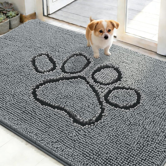OLANLY Dog Door Mat for Muddy Paws 48x30, Paw Print Design, Absorbs Moisture and Dirt, Absorbent Non-Slip Washable Doormat, Quick Dry Chenille Mud Mat for Dogs, Entry Indoor Entryway Carpet, Grey