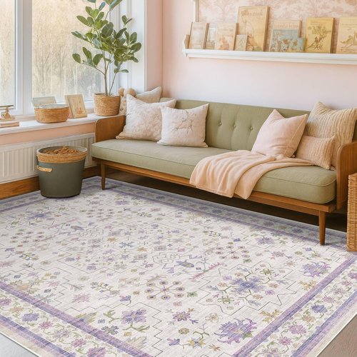 Hazo Haus Purple Area Rug - Non-Slip, Machine Washable 4x6 Floral Design for Girls' Bedroom & Nursery