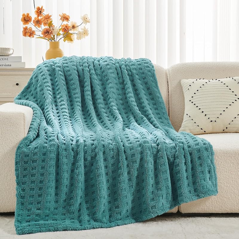 Newcosplay 3D Waffle Checkered Flannel Queen Blanket - Light Teal 90x90