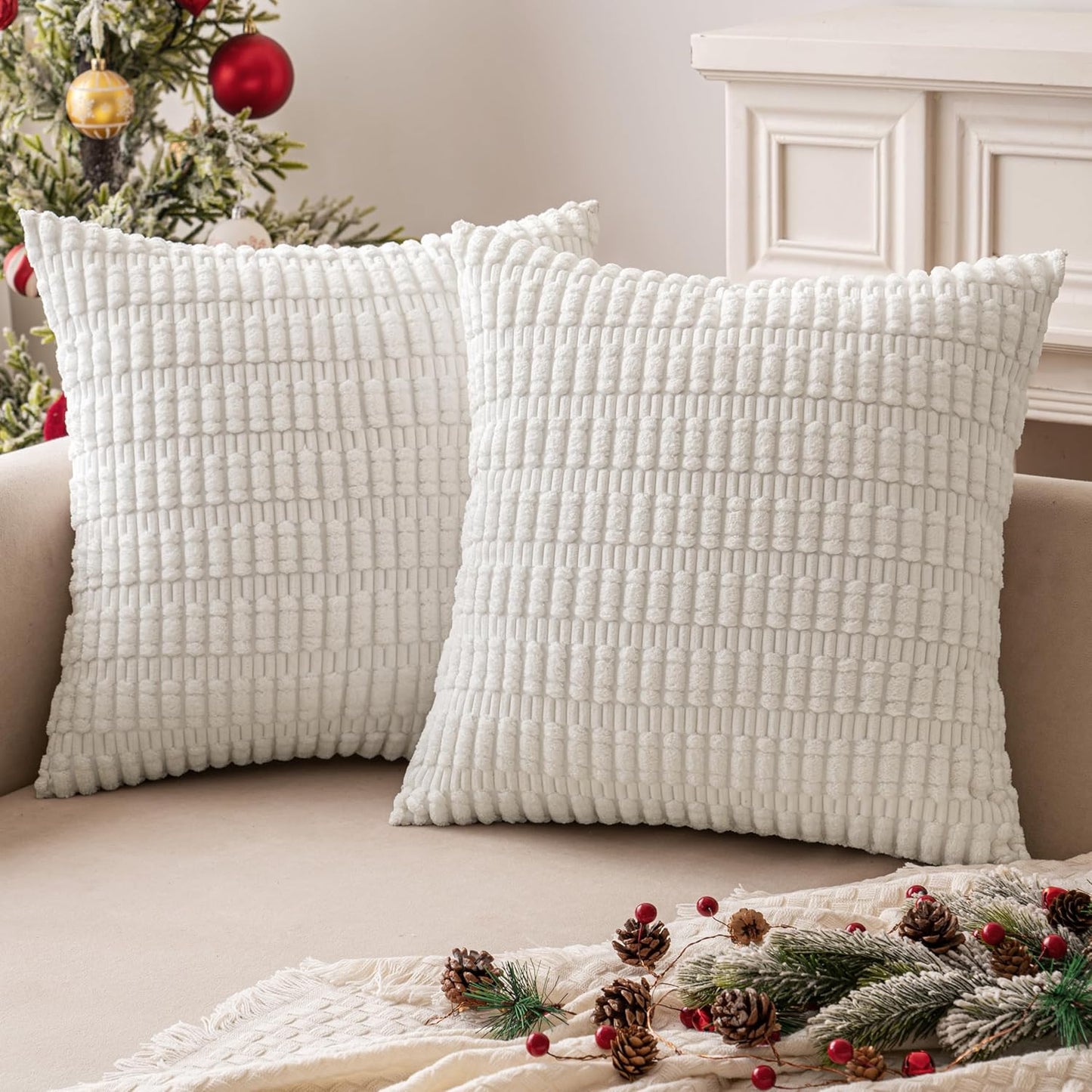MIULEE Corduroy Throw Pillow Covers - Soft Boho Striped Design | 18x18 Inch Pure White for Modern Home Decor