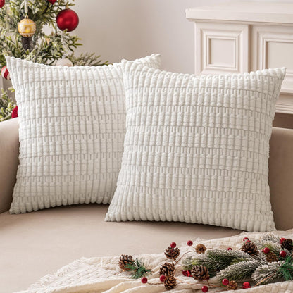 MIULEE Corduroy Throw Pillow Covers - Soft Boho Striped Design | 18x18 Inch Pure White for Modern Home Decor