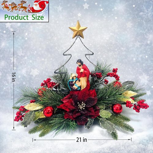 Eksen Nativity LED Christmas Tree Centerpiece - Holy Family Decoration with Warm Lights & Red Poinsettia Accents