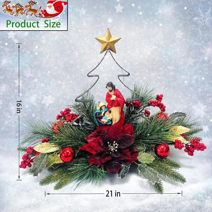 Eksen Nativity LED Christmas Tree Centerpiece - Holy Family Decoration with Warm Lights & Red Poinsettia Accents