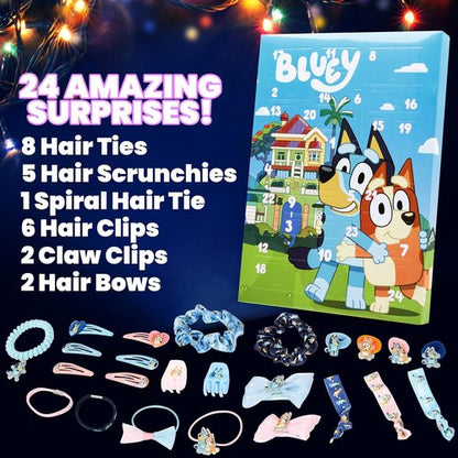 Bluey Hair Accessories Advent Calendar 2025 - 24 Hair Clips, Bows, Scrunchies & Claw Clips for Girls