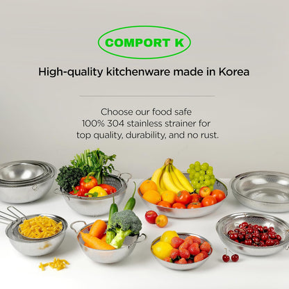 Premium 18/8 304 Stainless Steel Strainer Set of 3 - Micro-Perforated Design with Long Handle | Self-Draining Base for Pasta, Rice, Vegetables (1.5, 2.5, 4 Qt) - Made in Korea