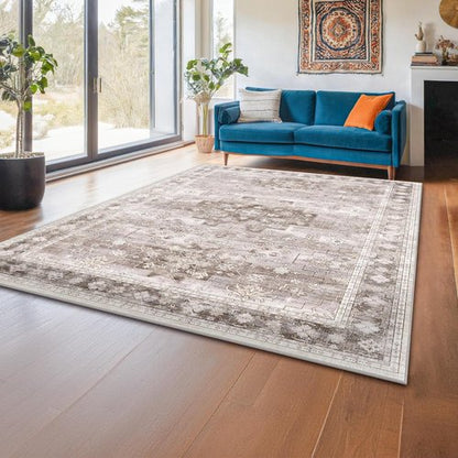 Hazo Haus Washable Area Rug - Neutral Farmhouse Design | Stain Resistant, Non-Slip, 5x7 Beige/Latte