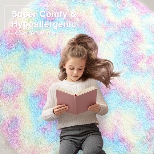 OLANLY Rainbow Round Rugs for Bedroom - Machine Washable, 4x4 Feet Circle Area Rugs for Living Room, Soft and Fluffy Shaggy Carpet for Teen Girls and Boys, Nursery Rooms, Dorms, Home Decor Aesthetic