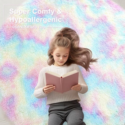 OLANLY Rainbow Round Rugs for Bedroom - Machine Washable, 4x4 Feet Circle Area Rugs for Living Room, Soft and Fluffy Shaggy Carpet for Teen Girls and Boys, Nursery Rooms, Dorms, Home Decor Aesthetic